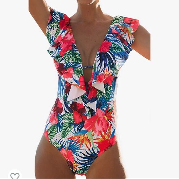 Floral Ruffled Monokini Plunging V-Neck Tie Back High-Cut - Picture 1 of 8